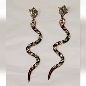 Vintage Goldtone Rhinstone Multi Colored Enamel Dangle Snake Earrings
